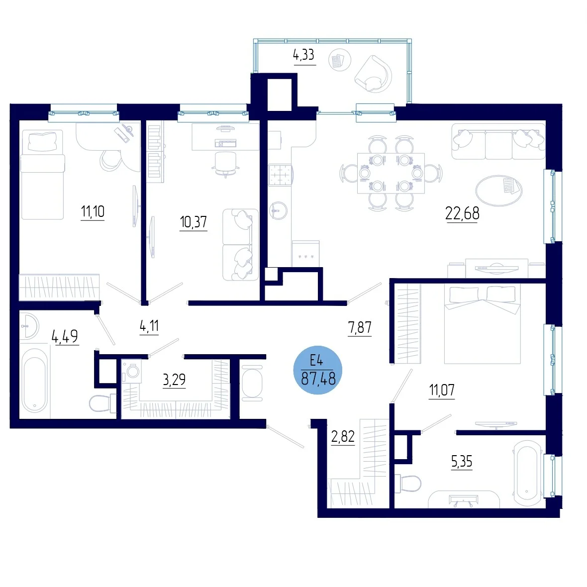 Планировка Квартира с тремя спальнями и гостиной 23 м² (Евро-4)