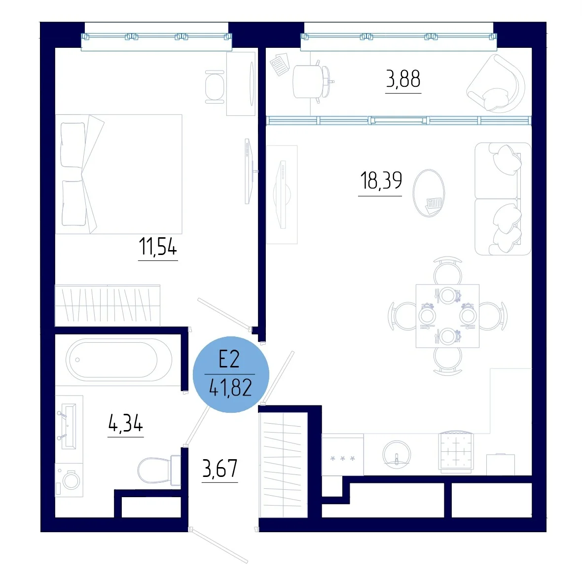Планировка Квартира с одной спальней и гостиной 22 м² (Евро-2)