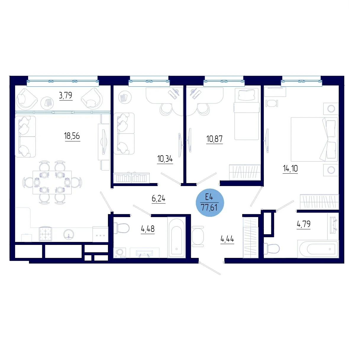 Планировка Квартира с тремя спальнями и гостиной 22 м² (Евро-4)