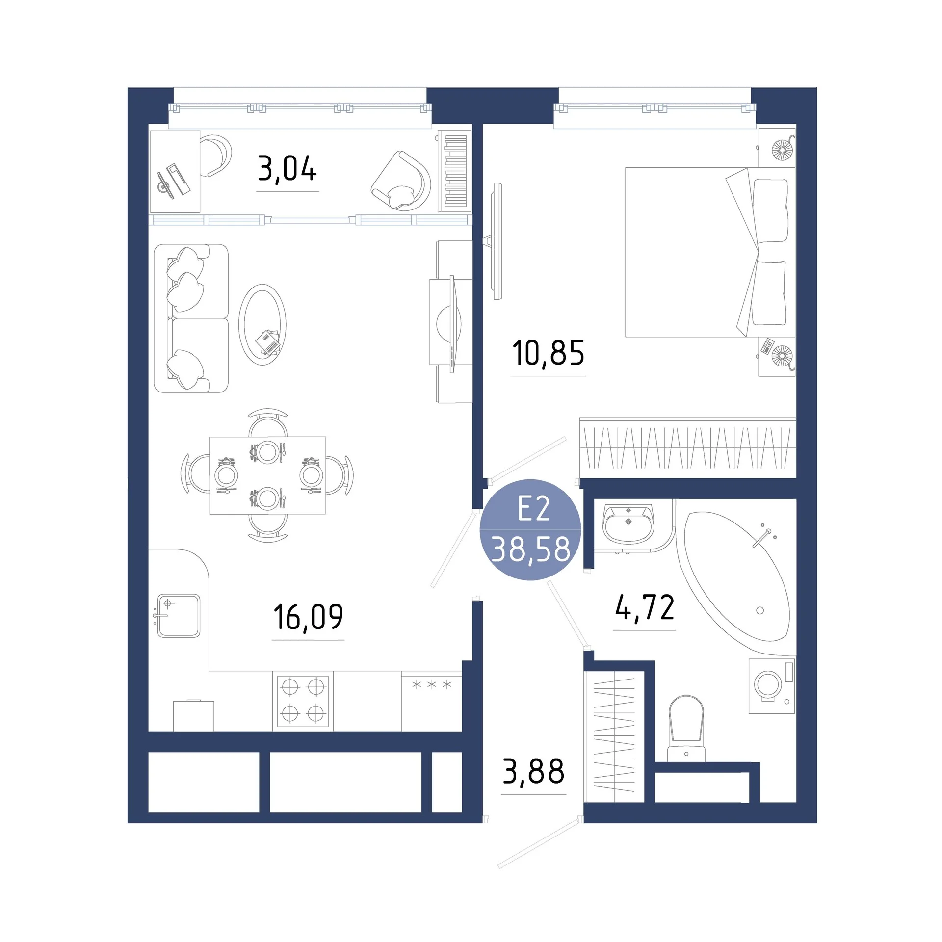 Планировка Квартира с одной спальней и гостиной 19 м² (Евро-2)