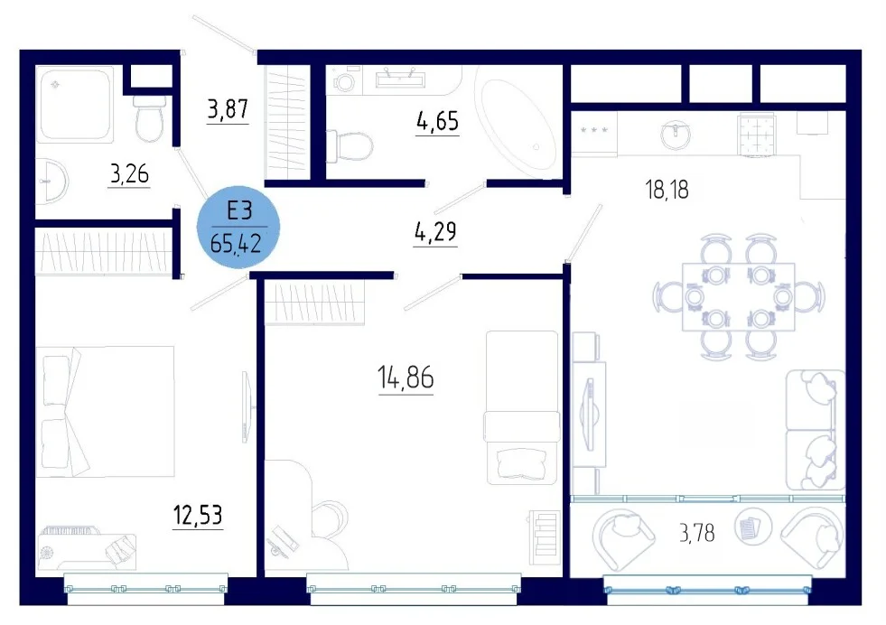 Планировка Квартира с двумя спальнями и гостиной 22 м² (Евро-3)