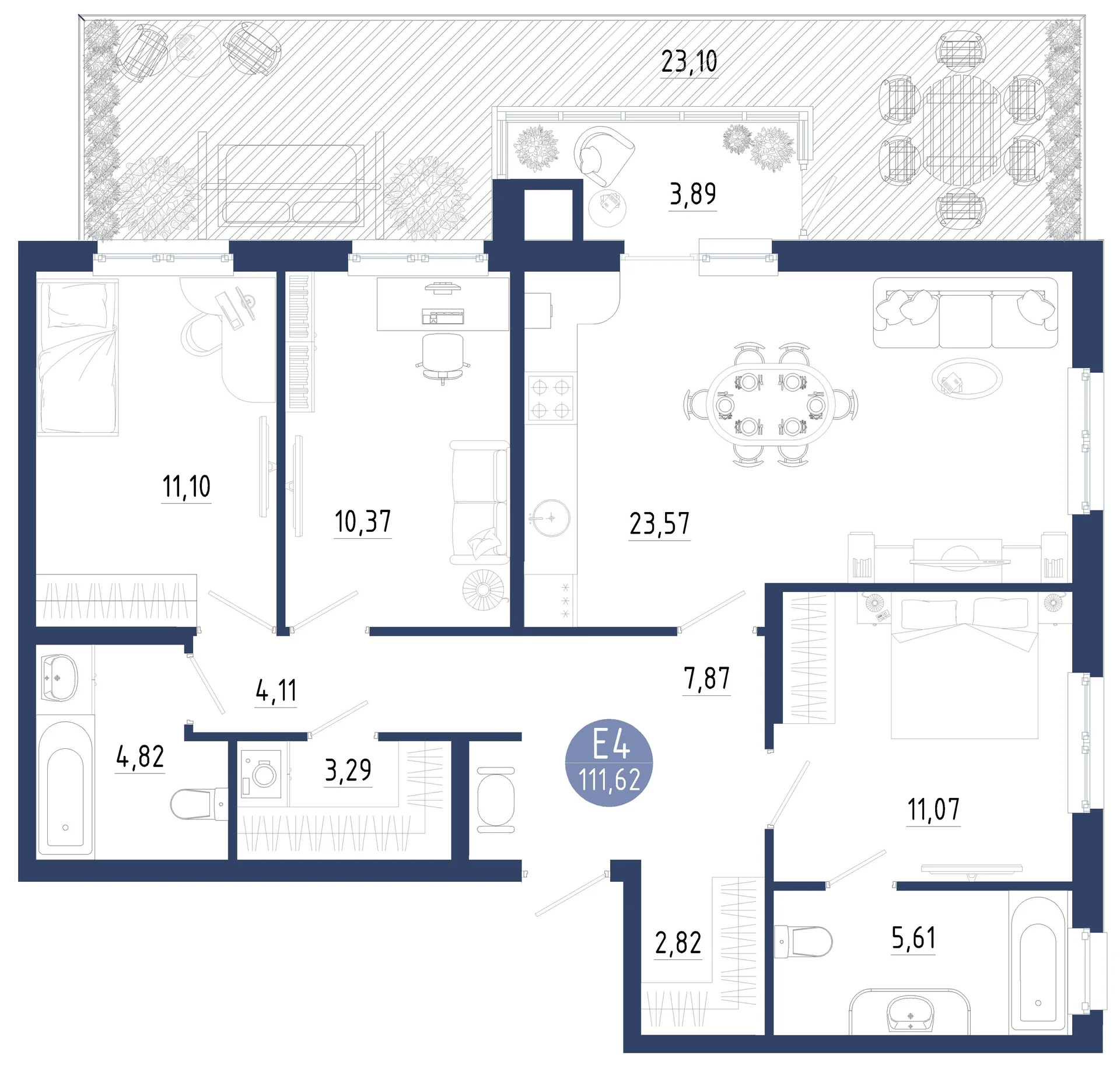 Планировка Квартира с тремя спальнями и гостиной 24 м² (Евро-4)