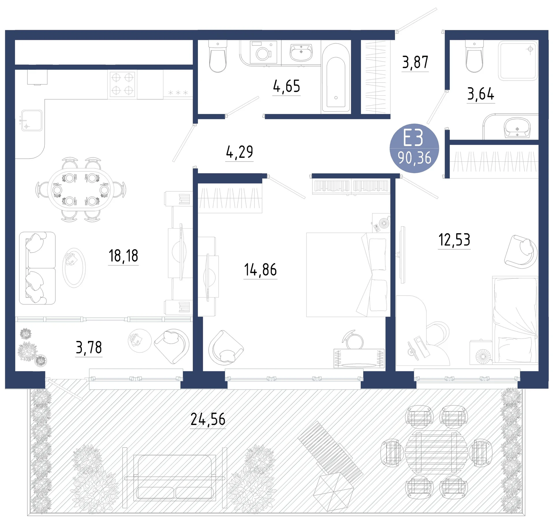 Планировка Квартира с двумя спальнями и гостиной 22 м² (Евро-3)