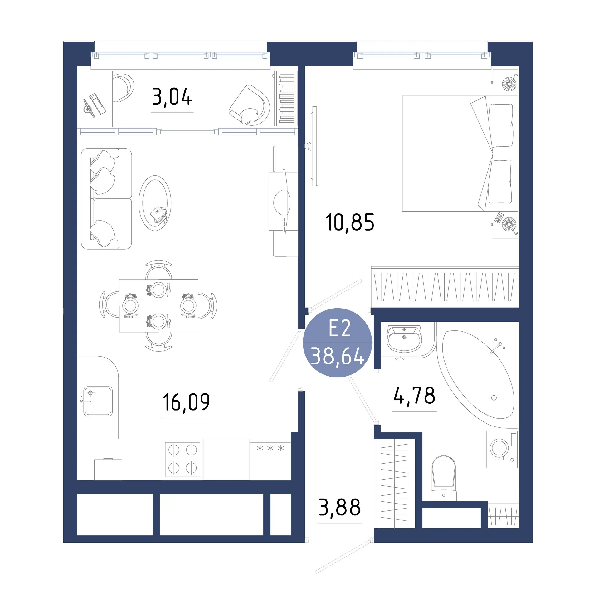 Планировка Квартира с одной спальней и гостиной 19 м² (Евро-2)