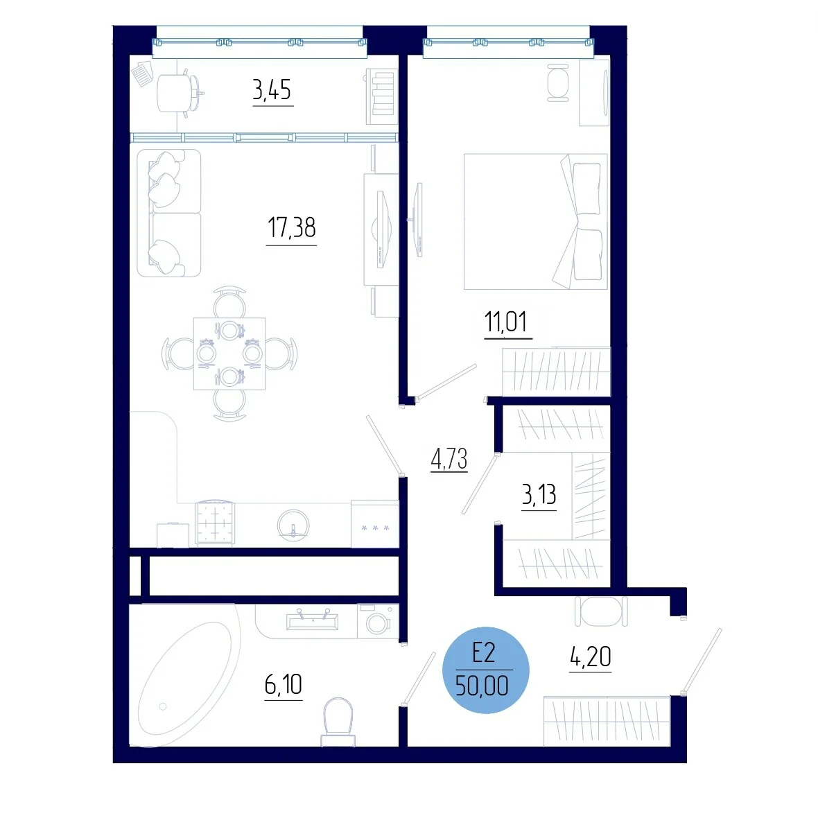 Планировка Квартира с одной спальней и гостиной 21 м² (Евро-2)