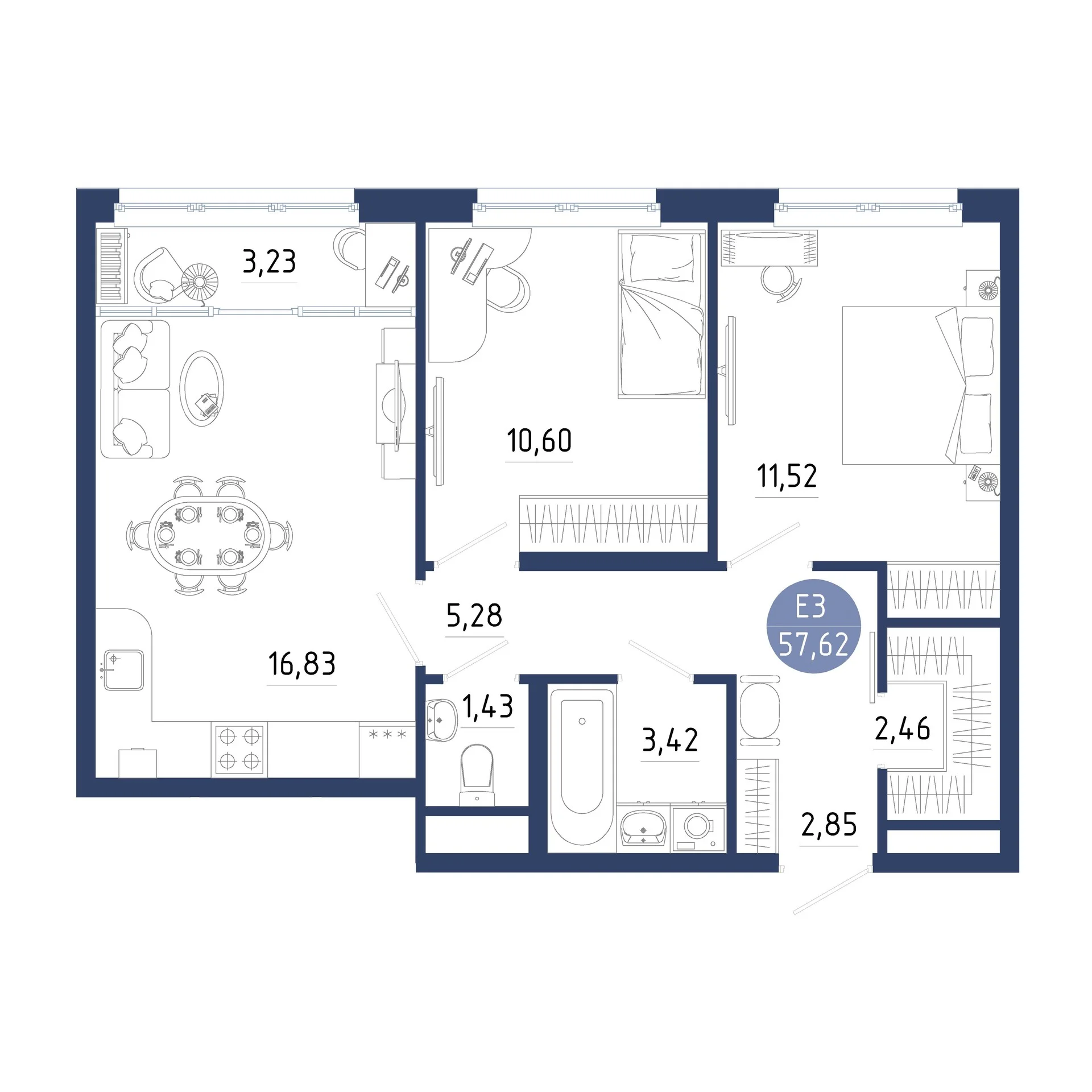 Планировка Квартира с двумя спальнями и гостиной 20 м² (Евро-3)