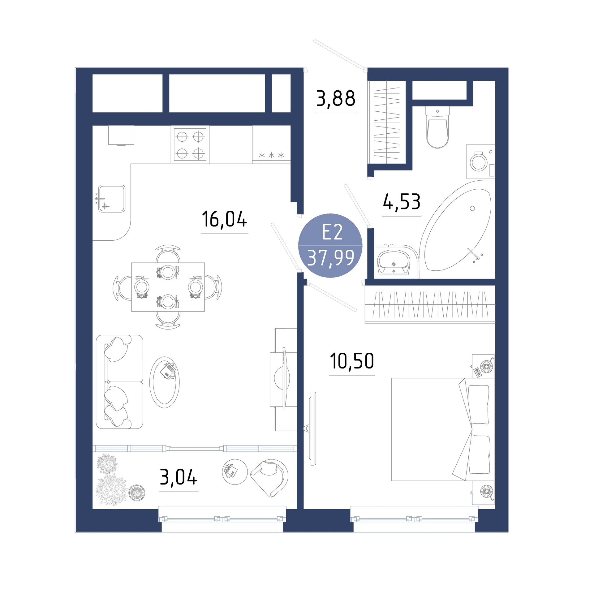Планировка Квартира с одной спальней и гостиной 19 м² (Евро-2)