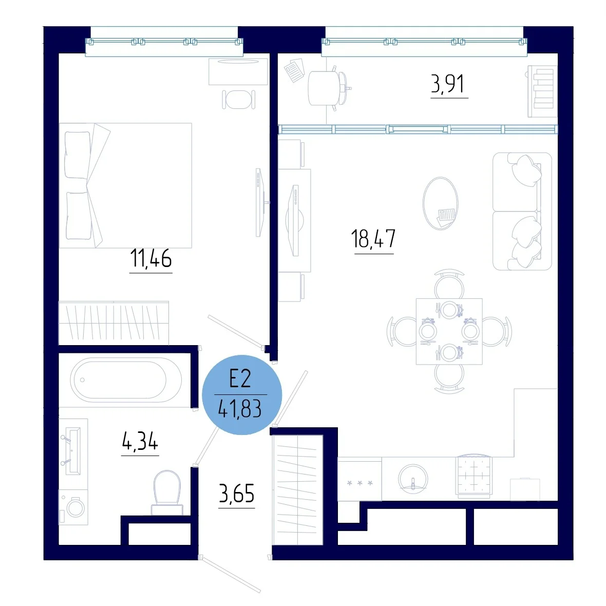Планировка Квартира с одной спальней и гостиной 22 м² (Евро-2)