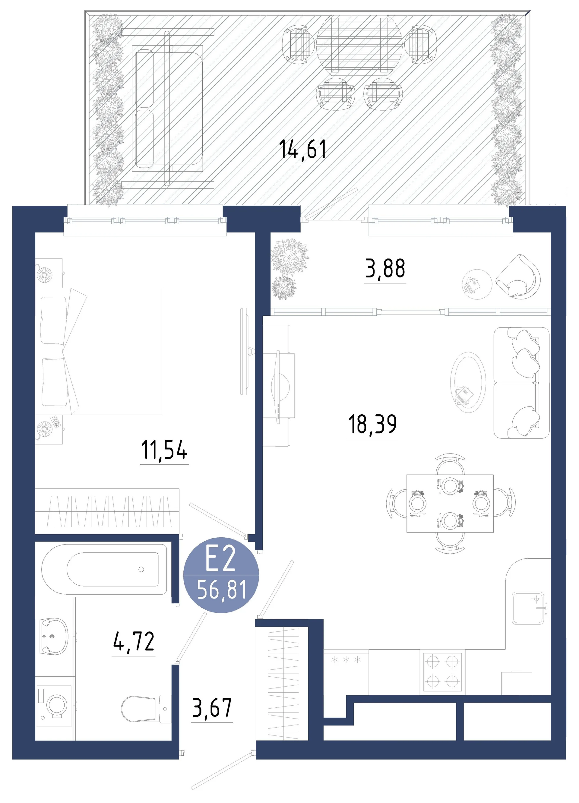 Планировка Квартира с одной спальней и гостиной 22 м² (Евро-2)