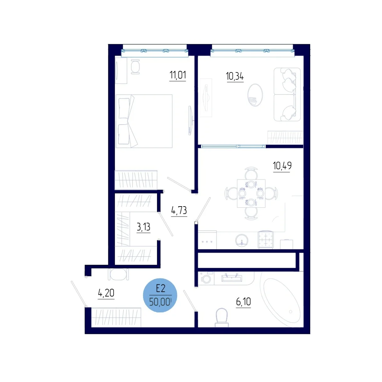 Планировка Квартира с одной спальней и гостиной 21 м² (Евро-2)