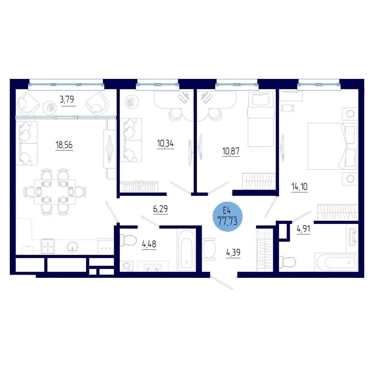 Планировка Квартира с тремя спальнями и гостиной 22 м² (Евро-4)