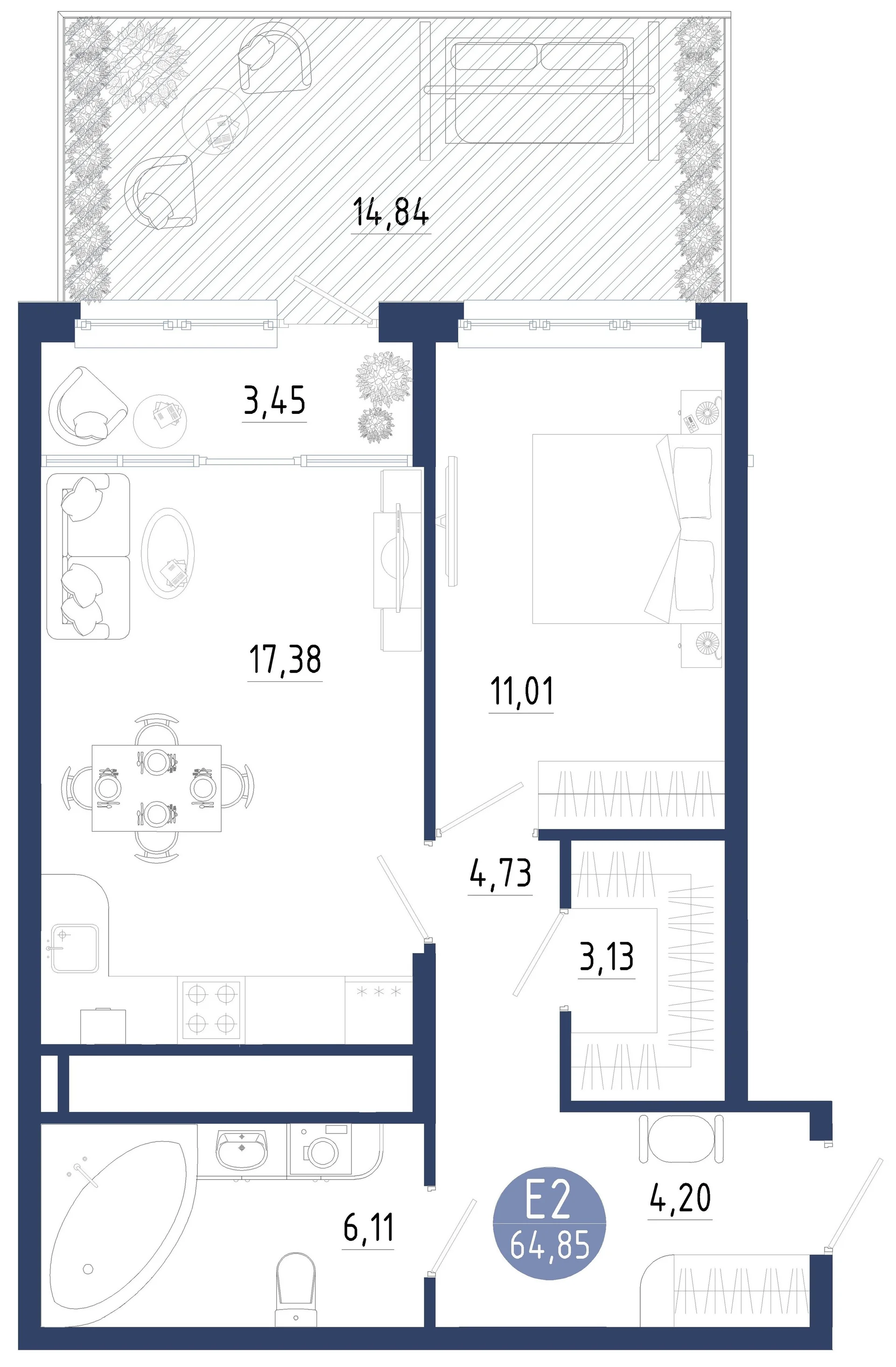 Планировка Квартира с одной спальней и гостиной 21 м² (Евро-2)