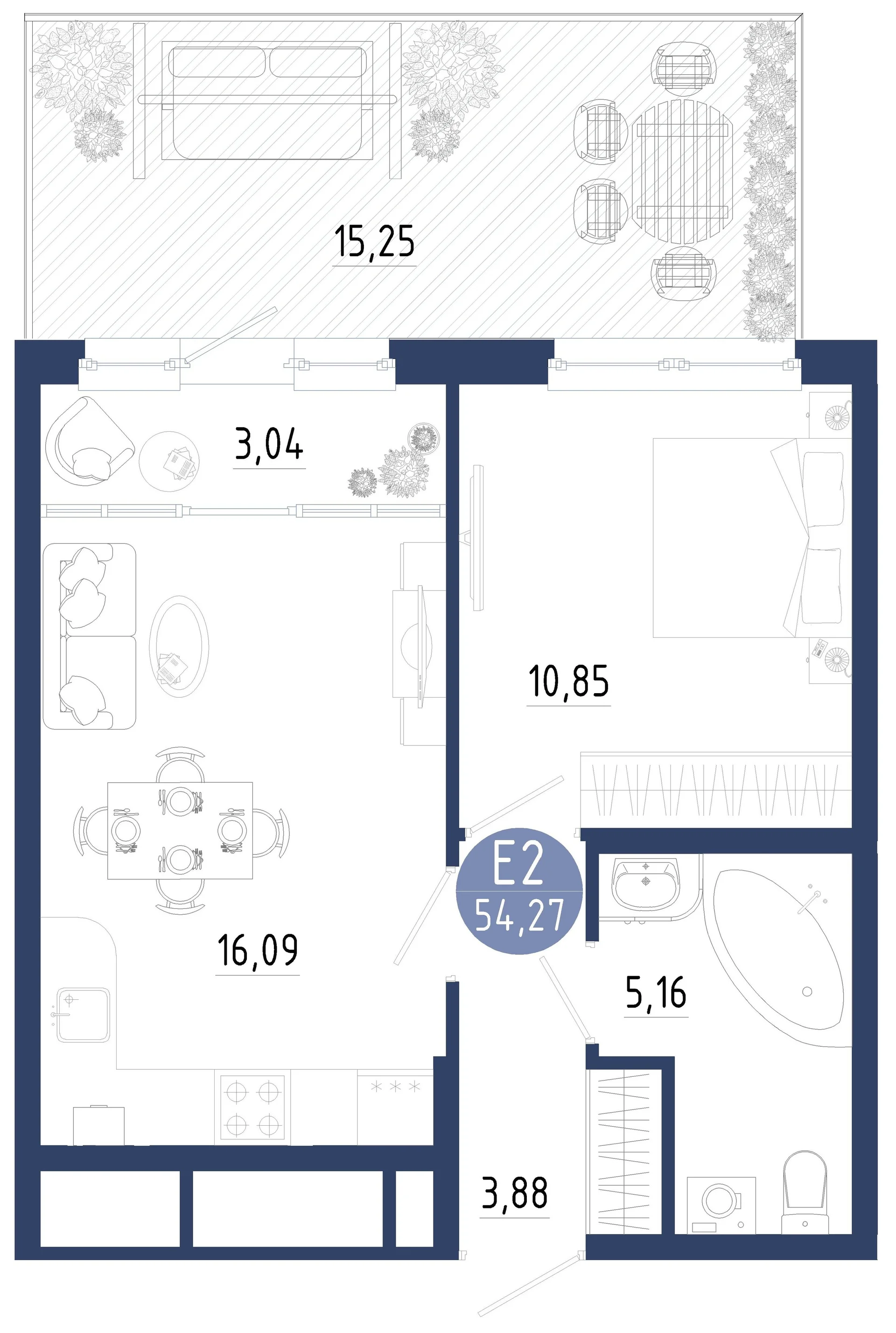 Планировка Квартира с одной спальней и гостиной 19 м² (Евро-2)