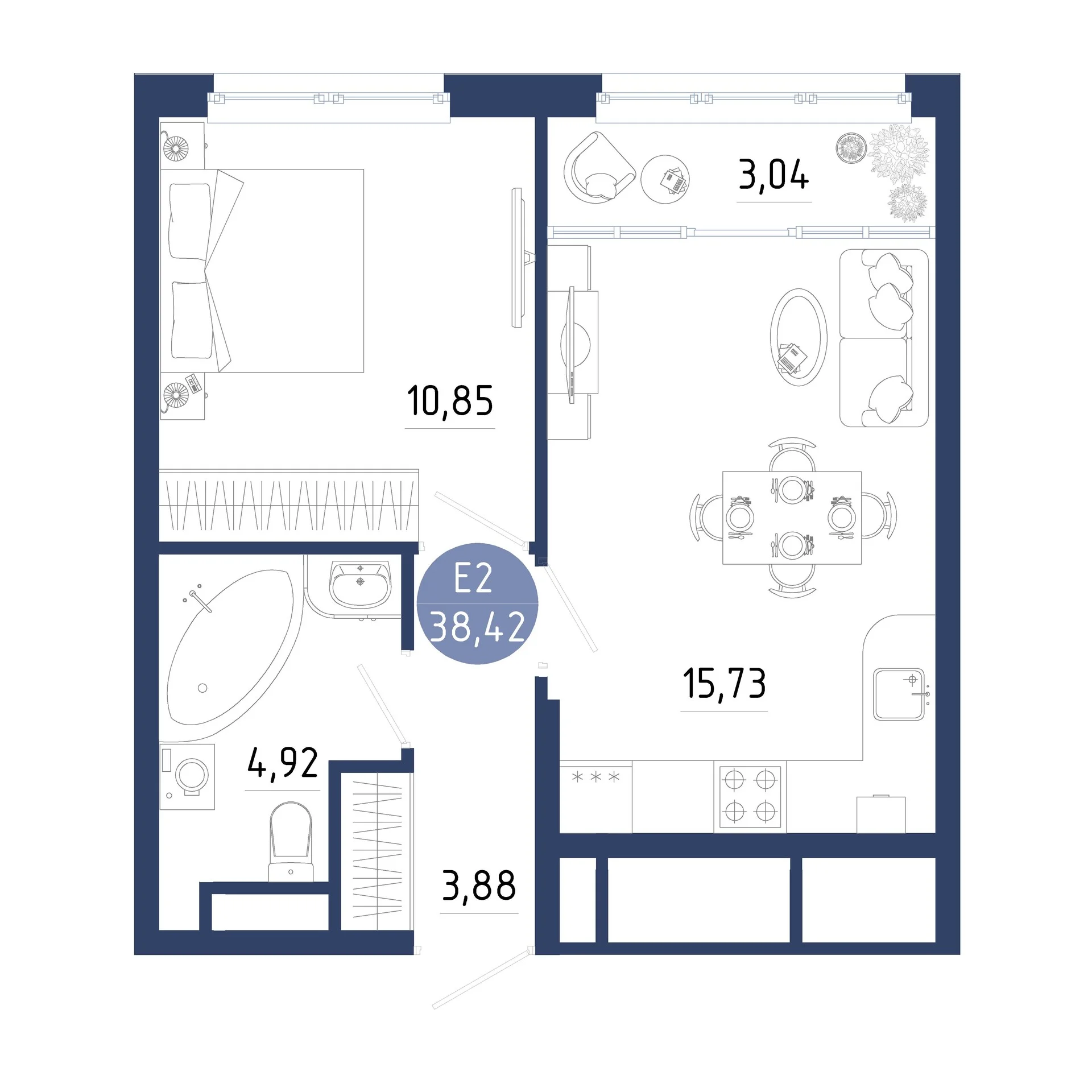 Планировка Квартира с одной спальней и гостиной 19 м² (Евро-2)