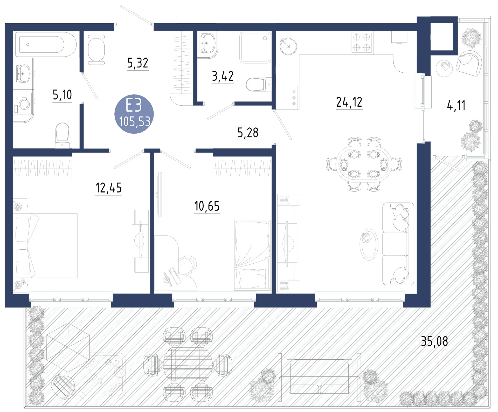 Планировка Квартира с двумя спальнями и гостиной 24 м² (Евро-3)