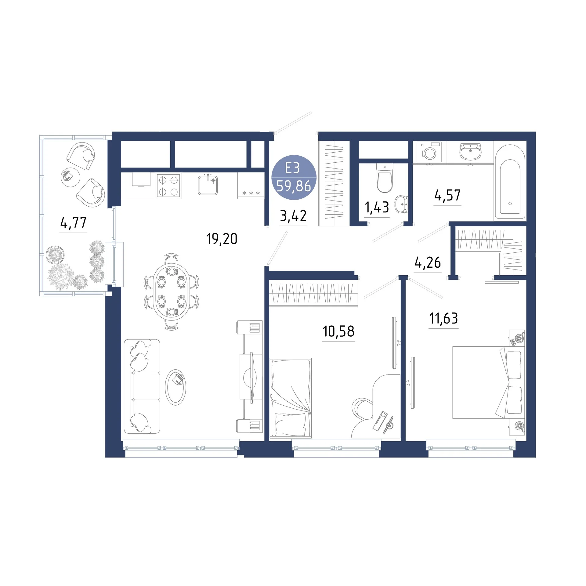 Планировка Квартира с двумя спальнями и гостиной 19 м² (Евро-3)