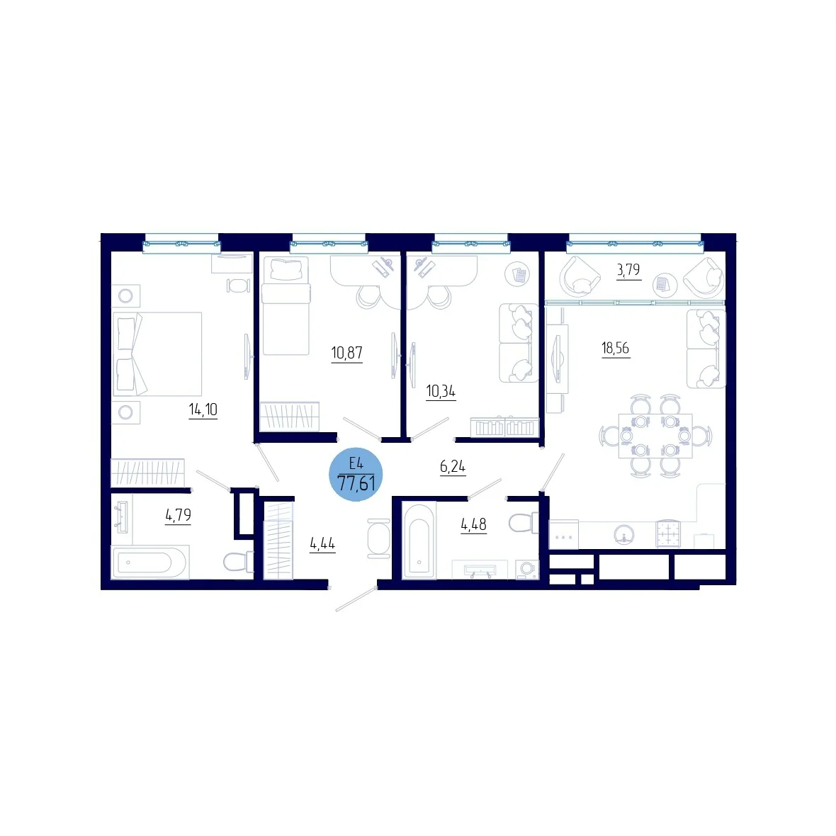 Планировка Квартира с тремя спальнями и гостиной 22 м² (Евро-4)