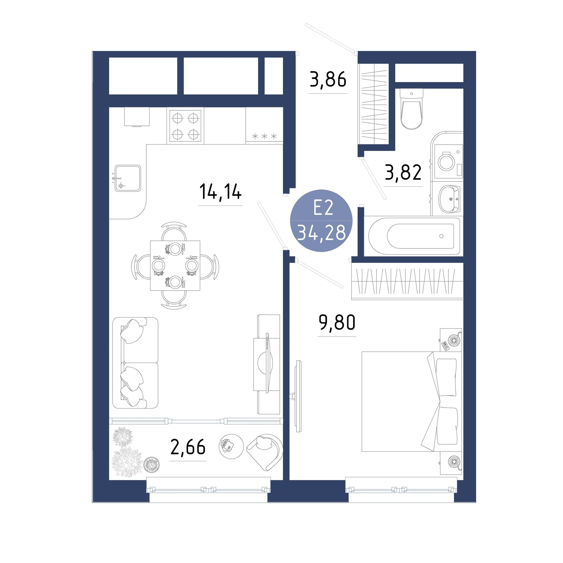 Планировка Квартира с одной спальней и гостиной 17 м² (Евро-2)