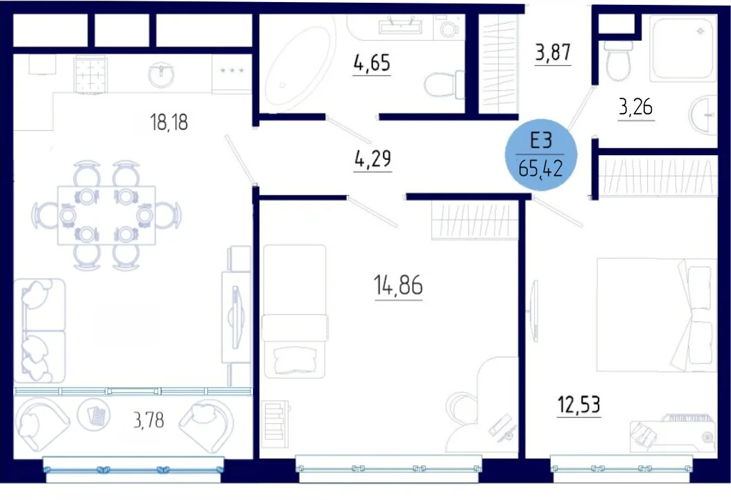 Планировка Квартира с двумя спальнями и гостиной 22 м² (Евро-3)