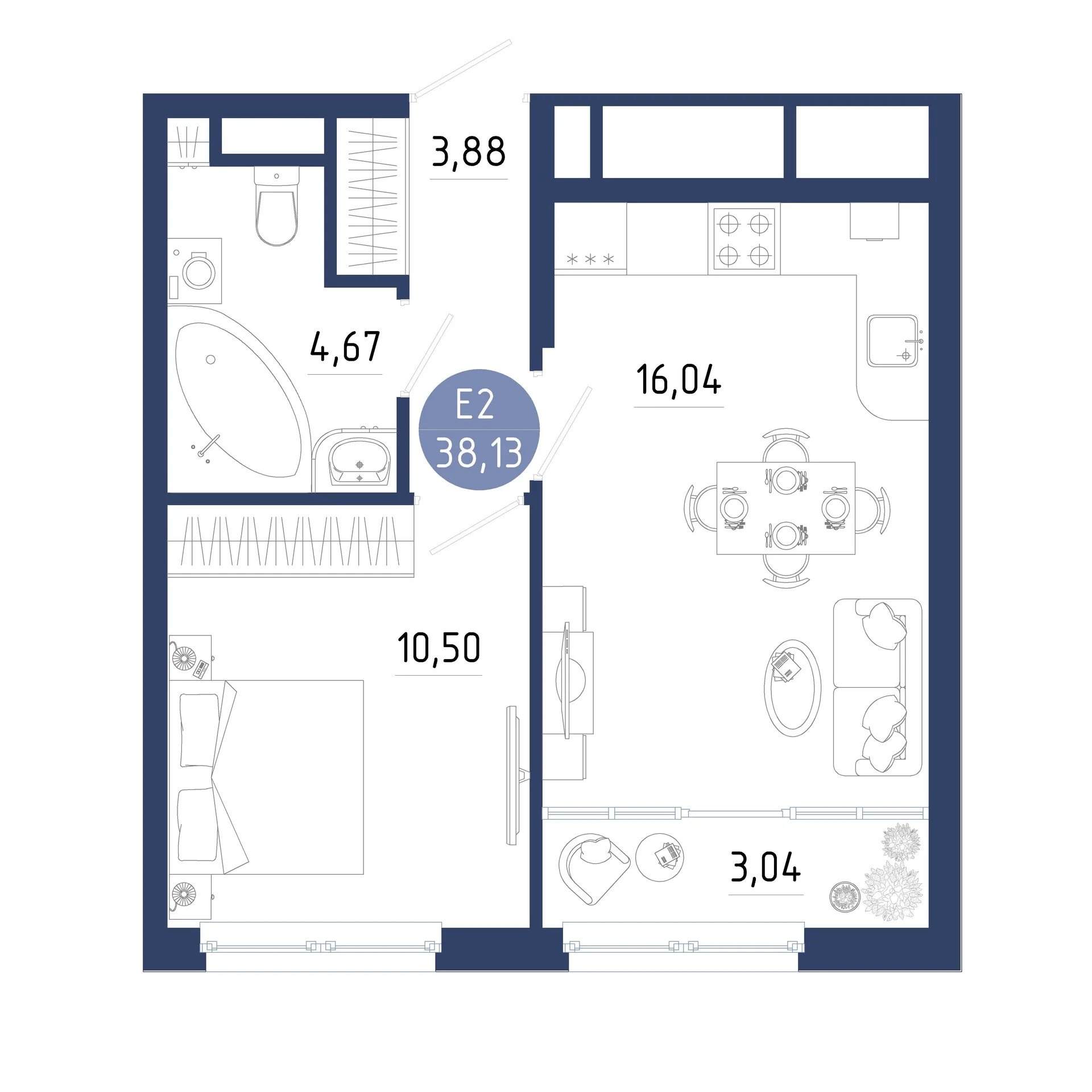 Планировка Квартира с одной спальней и гостиной 19 м² (Евро-2)