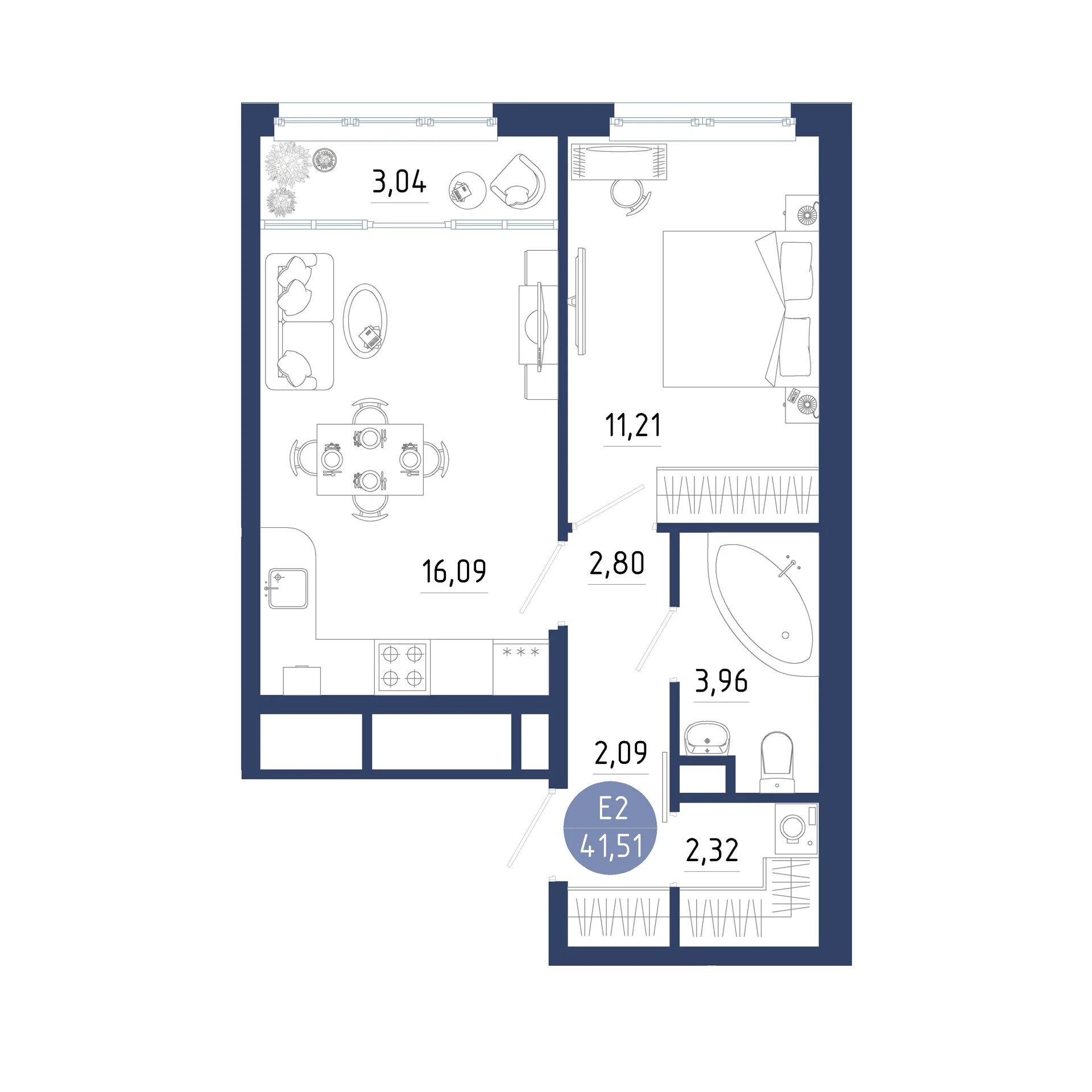 Планировка Квартира с одной спальней и гостиной 19 м² (Евро-2)