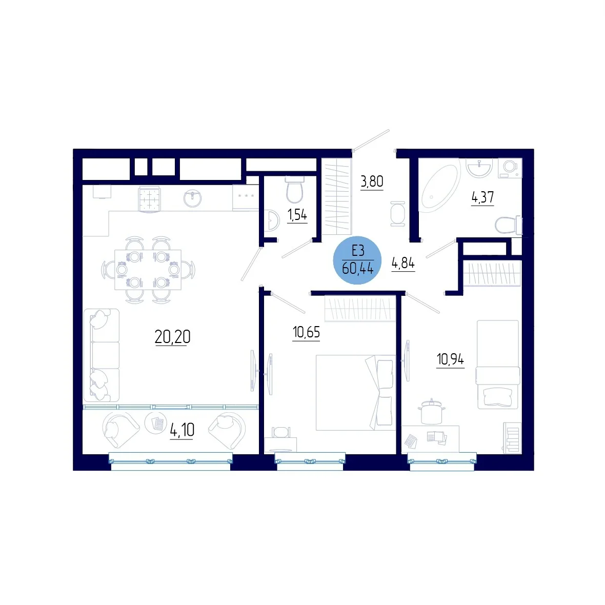 Планировка Квартира с двумя спальнями и гостиной 24 м² (Евро-3)