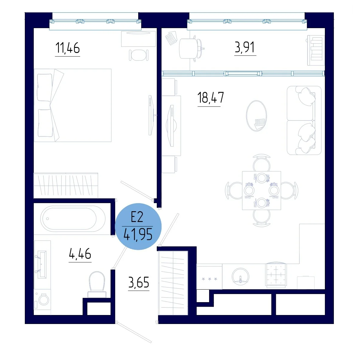 Планировка Квартира с одной спальней и гостиной 22 м² (Евро-2)