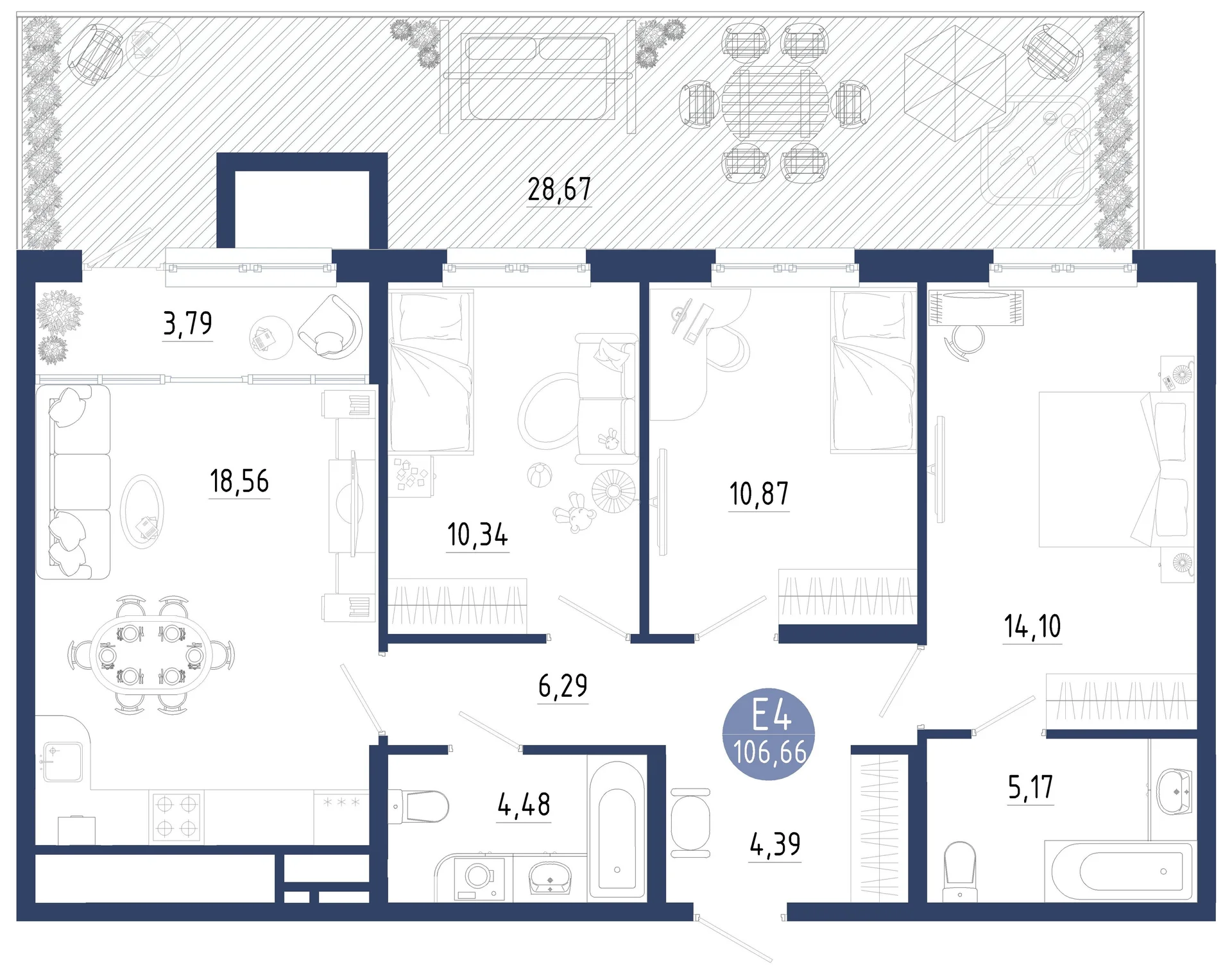 Планировка Квартира с тремя спальнями и гостиной 22 м² (Евро-4)