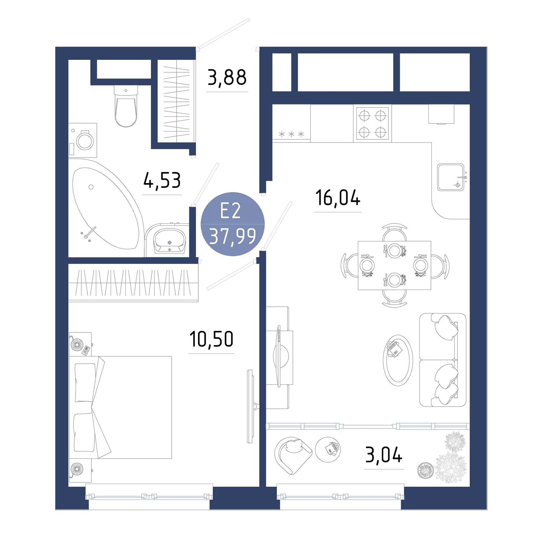 Планировка Квартира с одной спальней и гостиной 19 м² (Евро-2)