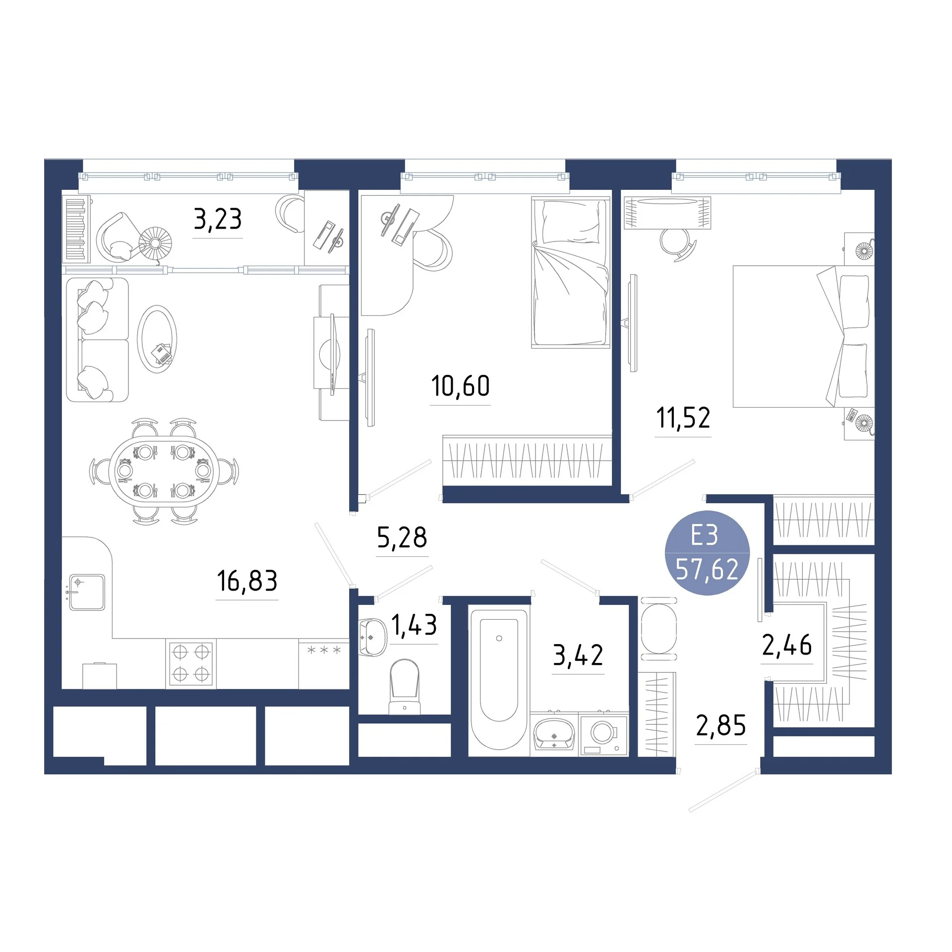 Планировка Квартира с двумя спальнями и гостиной 20 м² (Евро-3)