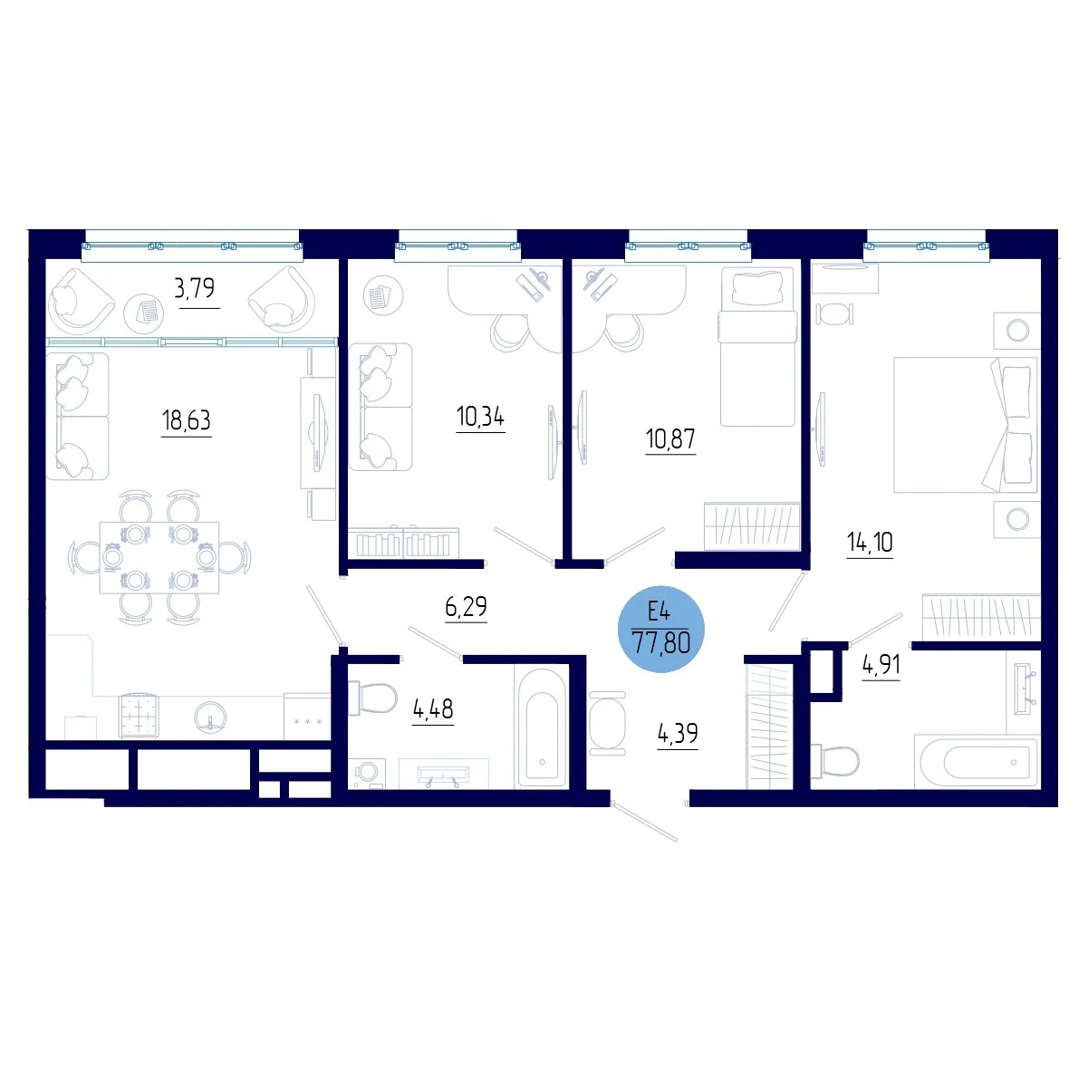 Планировка Квартира с тремя спальнями и гостиной 22 м² (Евро-4)