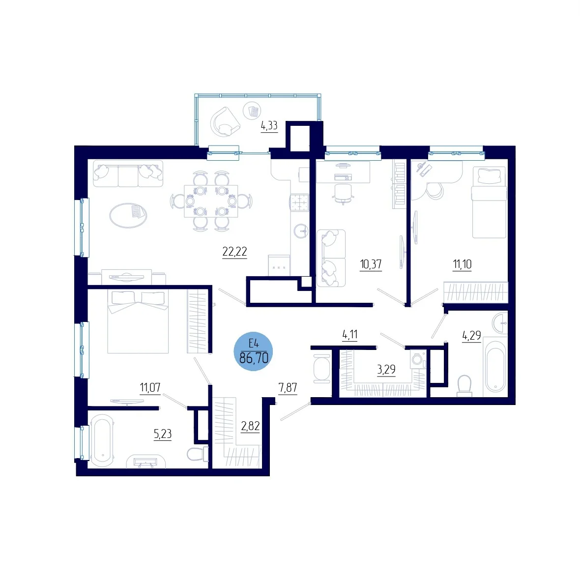Планировка Квартира с тремя спальнями и гостиной 22 м² (Евро-4)